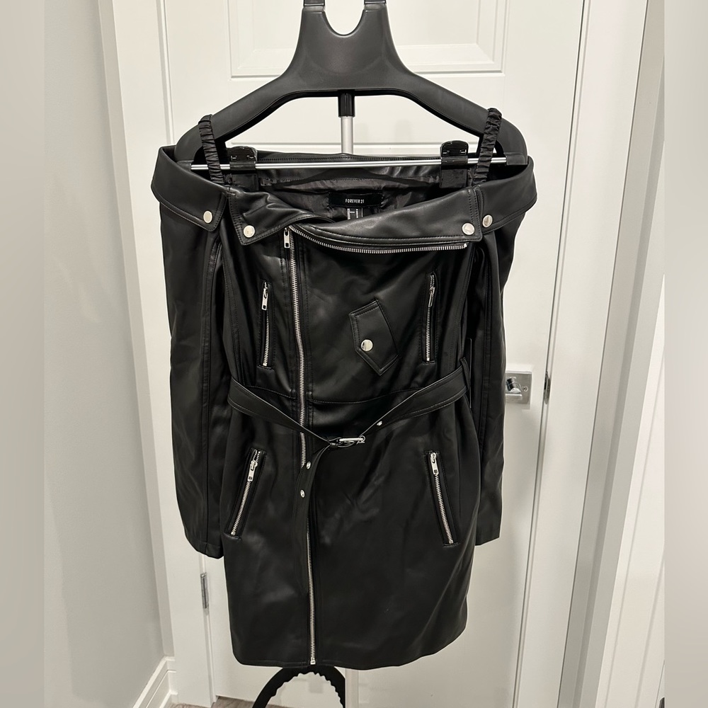 Off the shoulder pleather moto dress, NWT